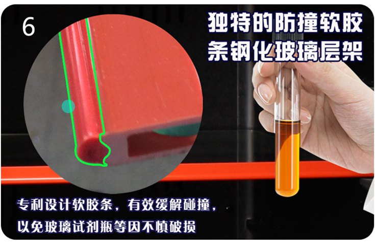 防撞软胶条及钢化玻璃层架。 专利设计的软胶条有效保证工作人员放回试剂时，不会因大意碰到钢化玻璃层架而破损。钢化玻璃层架防腐蚀耐酸碱、耐压防撞、美观易清洁。